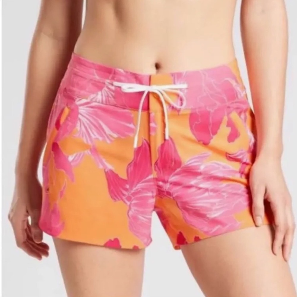 Athleta Womens Orange Pink Tropical Hudson Floral Board Shorts Swim Trunks‎ Sz 8
